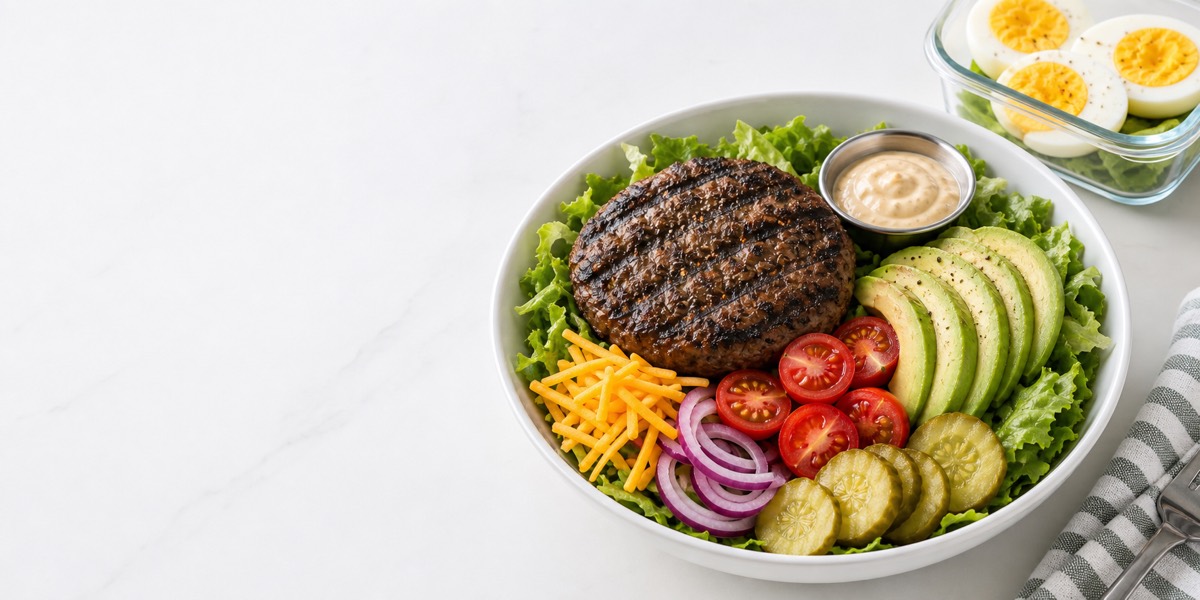 Bunless burger bowl with avocado, lettuce, pickles, tomatoes, cheese, sauce on the side, and hard-boiled eggs