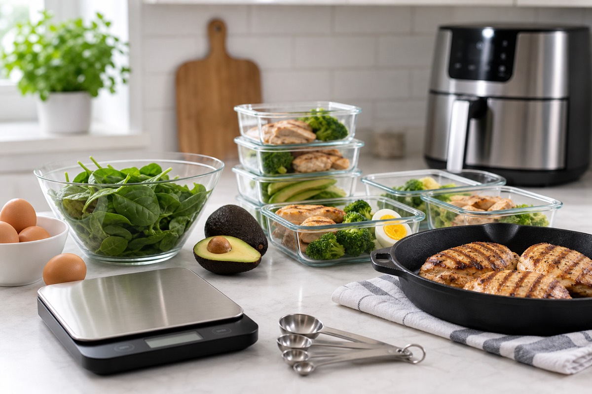 Kitchen counter with food scale, meal prep containers, cast iron skillet, greens, eggs, avocado, and air fryer
